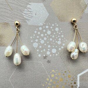 Womens Earrings 14K Yellow Gold White Pearl Chandelier Pierced Gift Idea for Her